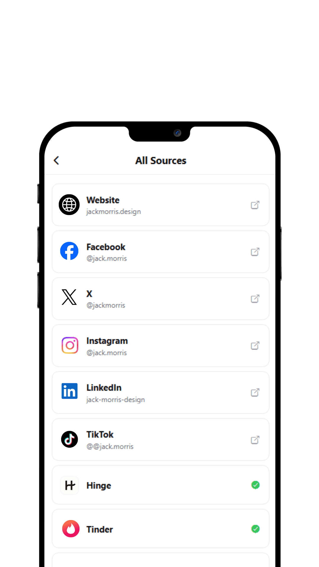 iPhone mockup showing DateSure aggregating a person's social profiles